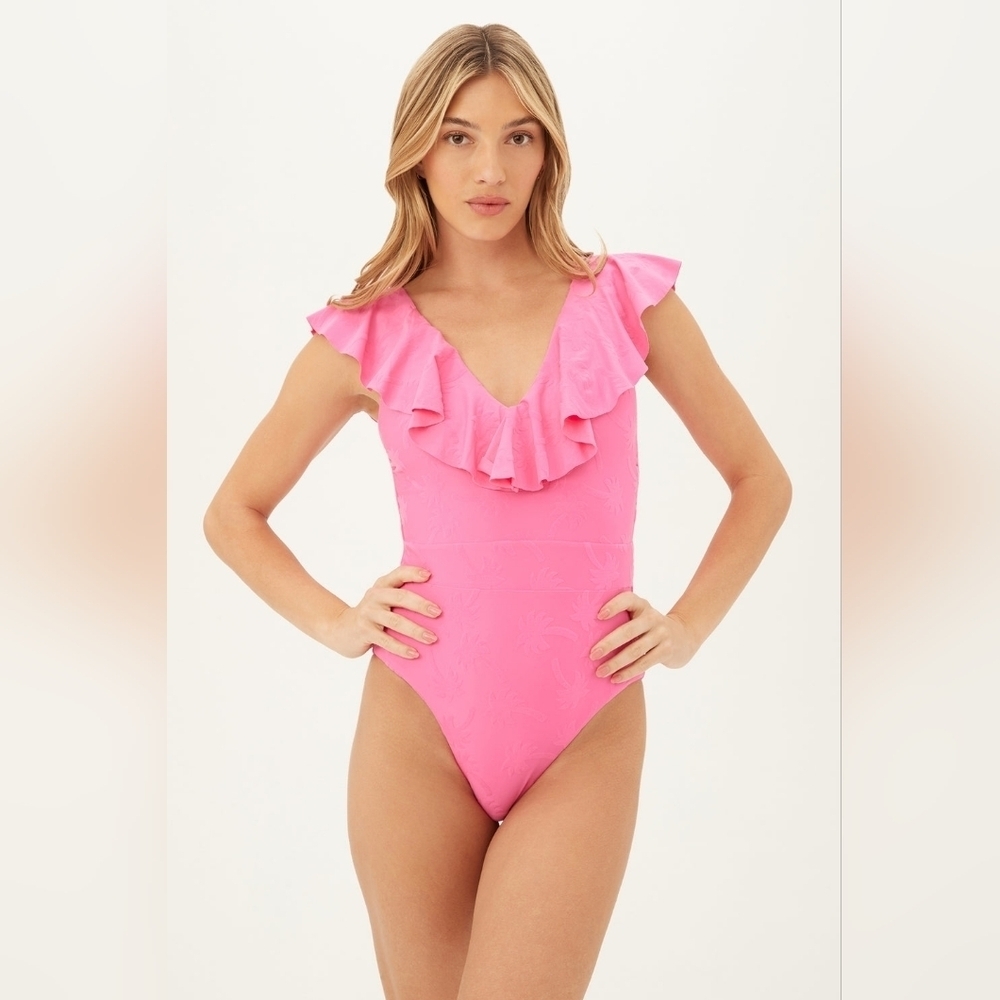 Trina Turk Monaco Ruffle Plunge One Piece Swimsuit -Palm Tree
